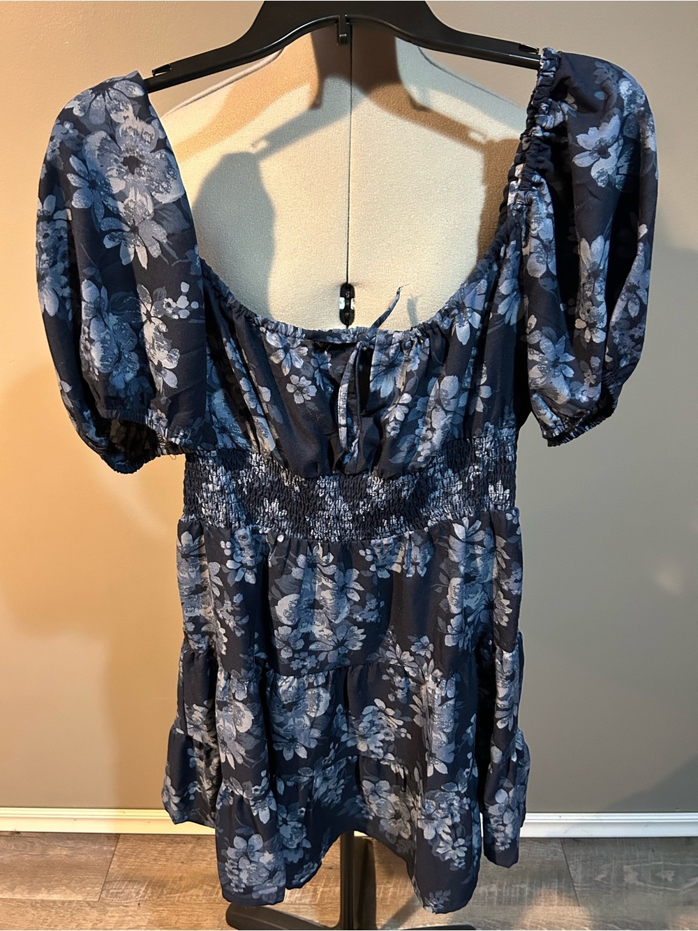 Blush Navy Blue Floral Puff-Sleeve Mini Dress